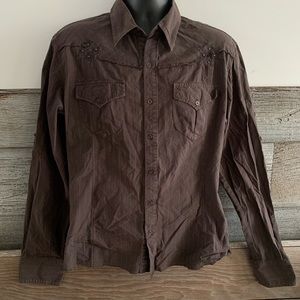 Monarchy brown pinstriped button-down shirt with embellishments. Size XL